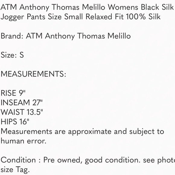 ATM Womens Black Silk Jogger Pants Relaxed Fit 100% Silk Size Small - Picture 10 of 10